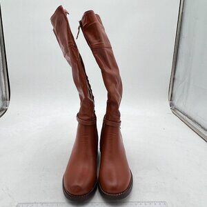 Women's Brown Knee High Boots Slip On Round Toe Riding Boots Side Zipper Boots